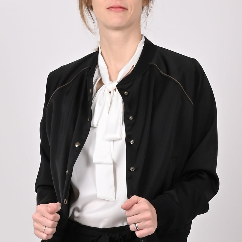 Black ruffle cheap bomber jacket